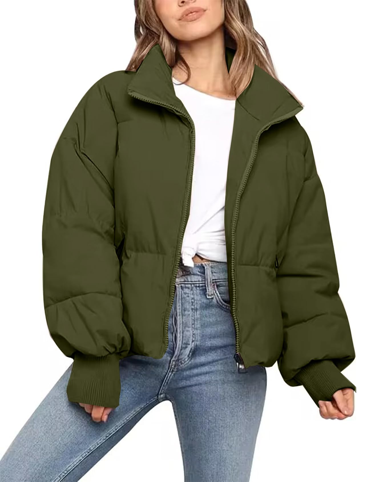Flygo Winter Cropped Puffer Jacket Coats for Women 2025 Short Warm Quilted Jackets Outerwear with Pockets